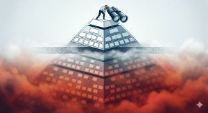 mysterious organizational pyramid according to your requirements. It features a modern, geometric design with a lone leader at the apex. The horizontal static barrier separates the clear top levels from the blurry, indistinct base in red and orange tones. The absence of text should help convey the sense of an unknown and uncertain depth below.